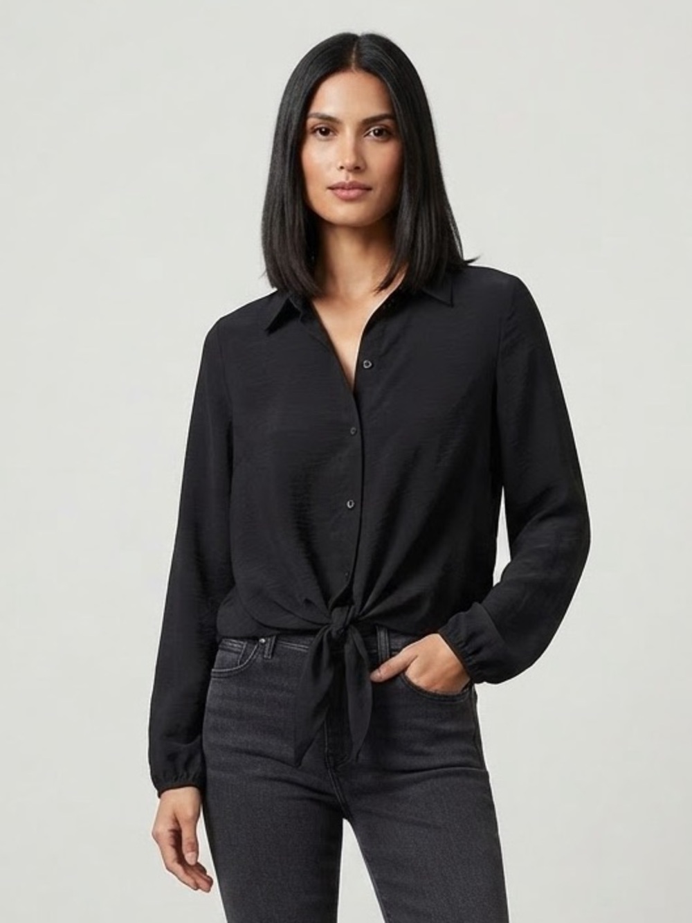 MICHAEL Michael Kors Black Tie-Front Button Down Blouse Size M